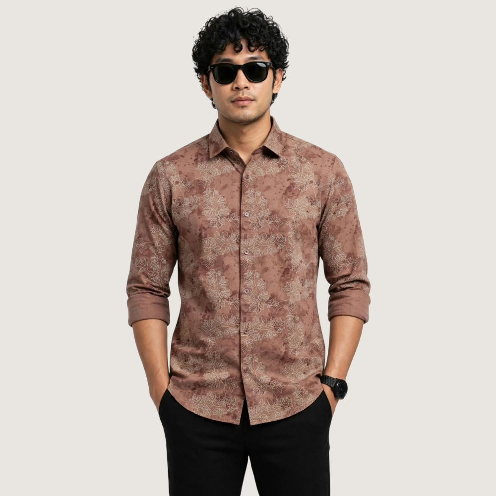 VOLUME ZERO:Men’s Brown Floral Printed Casual Shirt