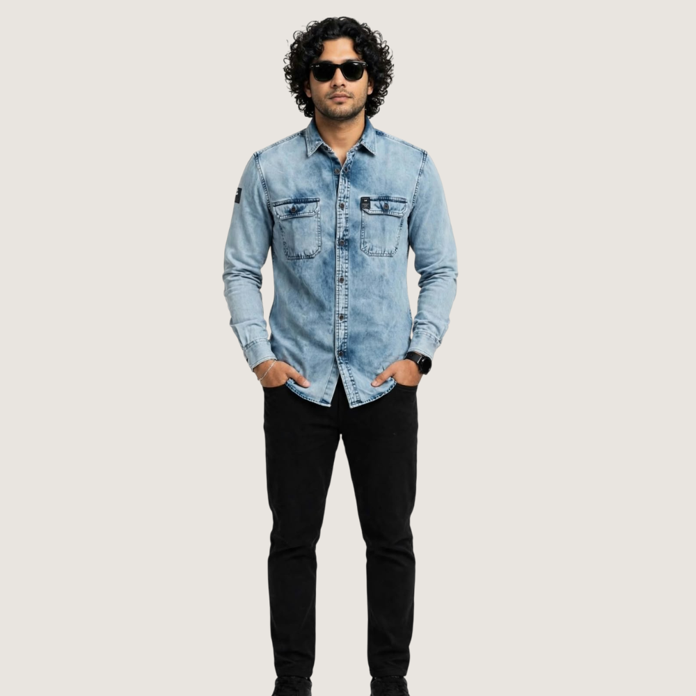 CARBON:Men’s Light Blue Washed Denim Shirt – Full Sleeve Casual ShirtMen’s Light Blue Washed Denim Shirt – Full Sleeve Casual Shirt